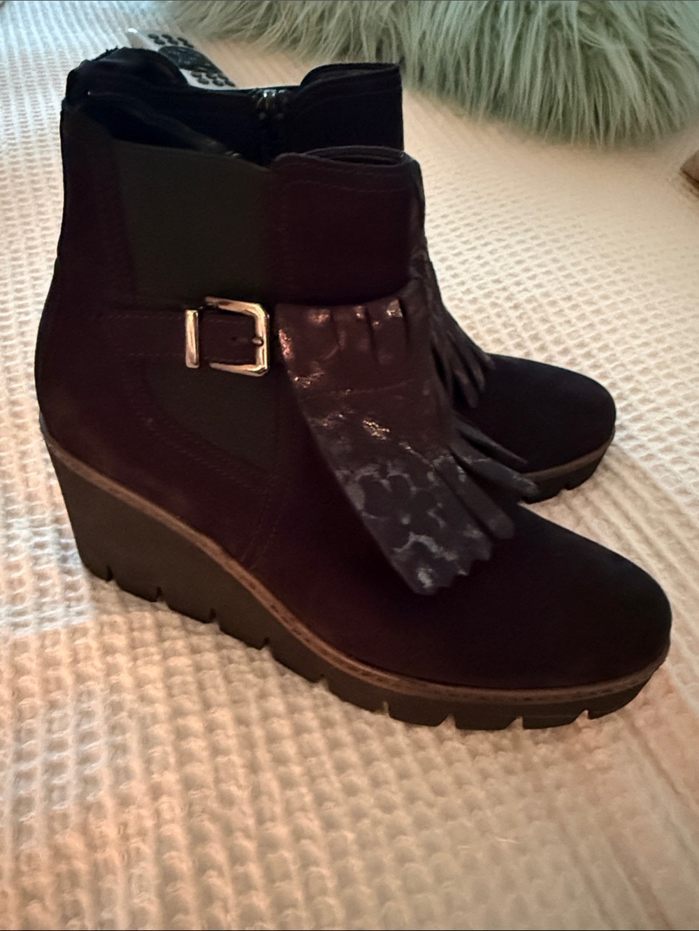 Gabor Black Fringe Wedge Ankle Boots with Buckle in size US 7